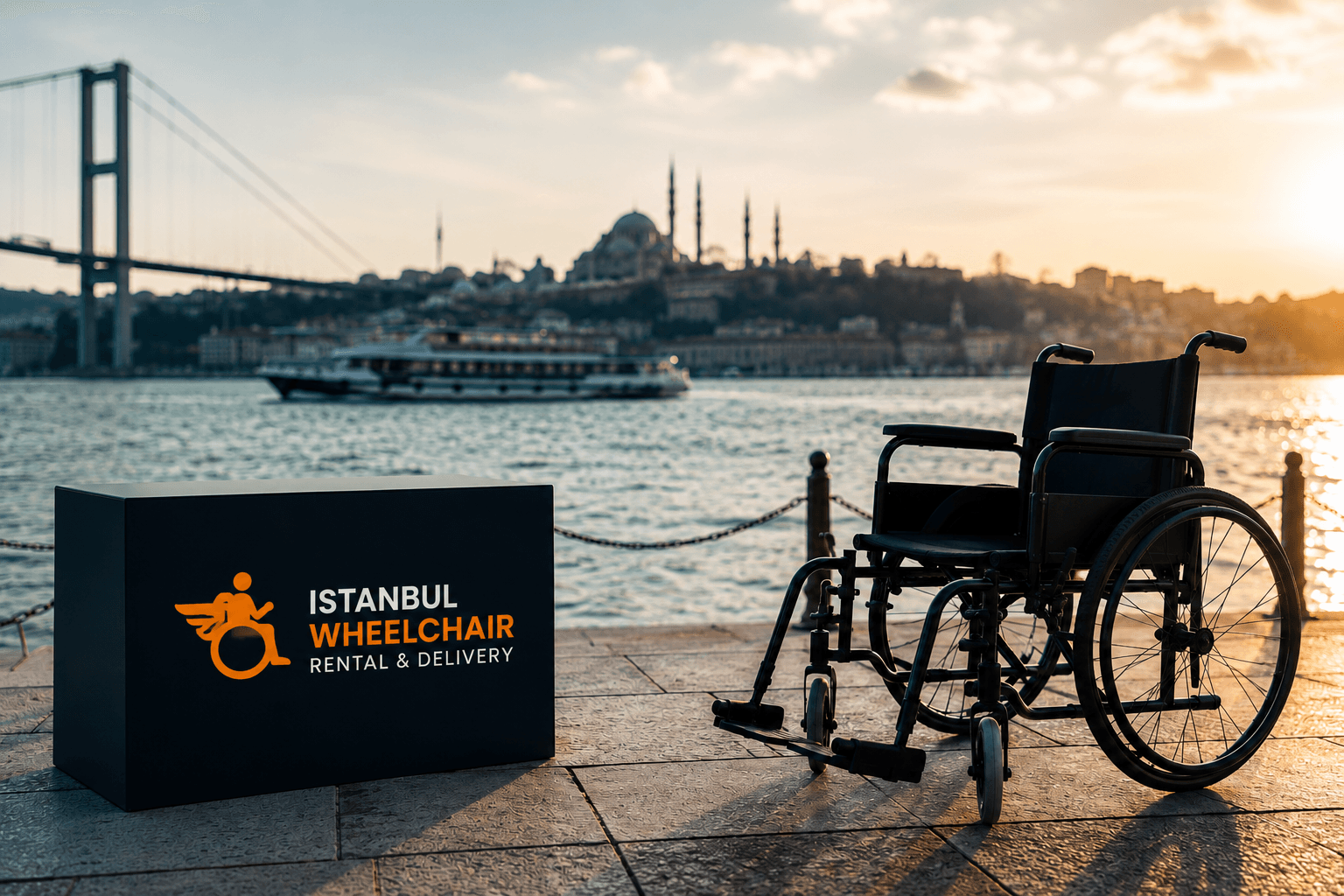 Istanbul Wheelchair equipment by the Bosphorus at sunset