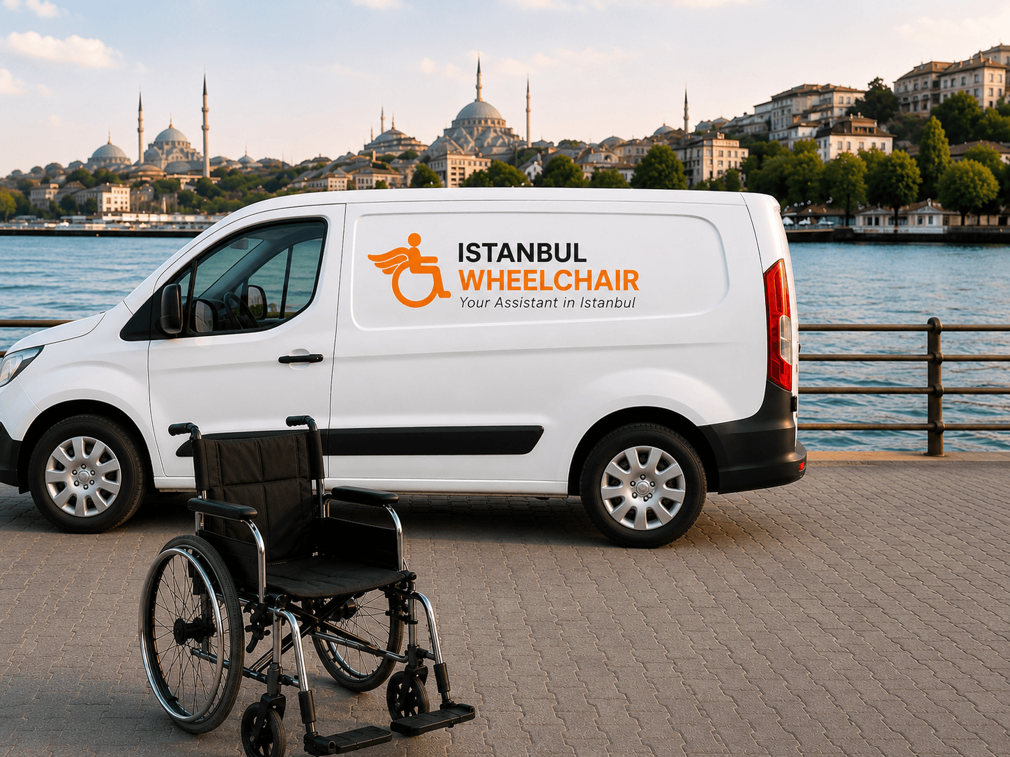 Istanbul Wheelchair delivery van and wheelchair by the Bosphorus