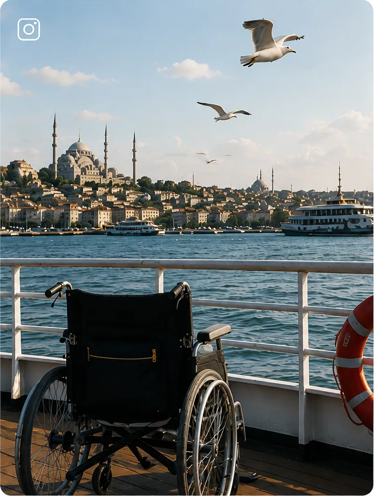 Rental wheelchair on a Bosphorus ferry with the Istanbul skyline