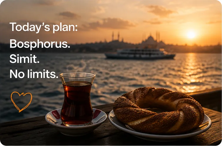 Turkish tea and simit by the Bosphorus at sunset